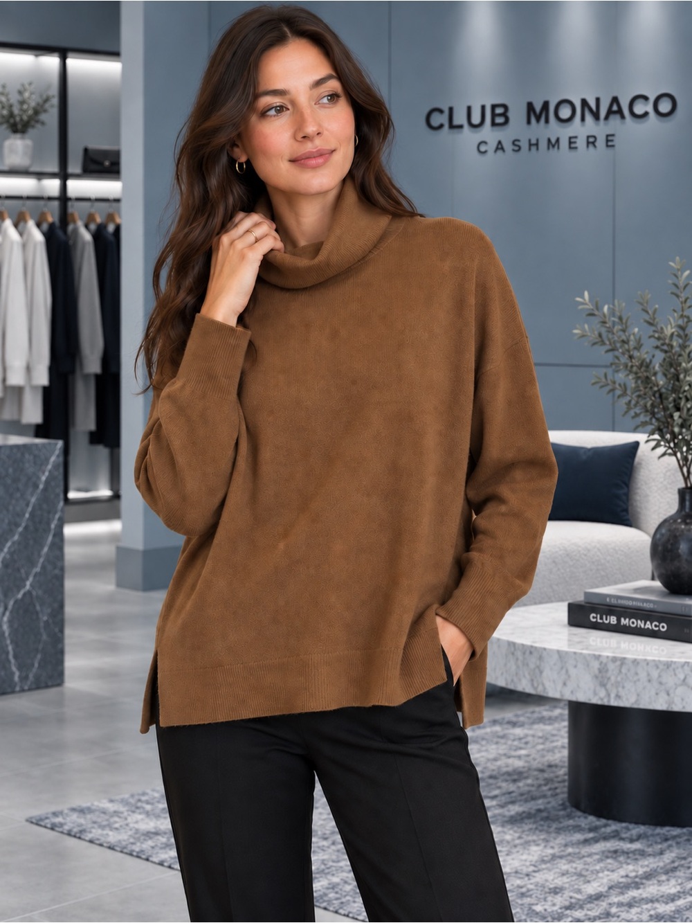 Club Monaco 100% Cashmere Oversized Turtleneck Sweater XS Camel